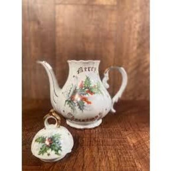 Vintage Norcrest Fine China Merry Christmas Formal Teapot Holly Holiday Print - Picture 2 of 16